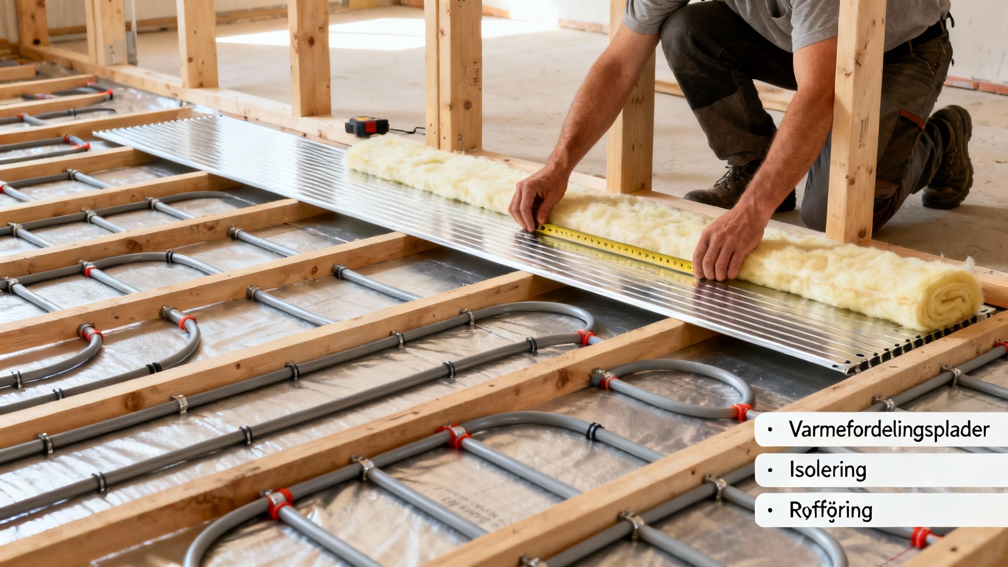 En person installerer gulvvarme med rør, isolering og varmefordelingsplader på træstrøer under et gulv.