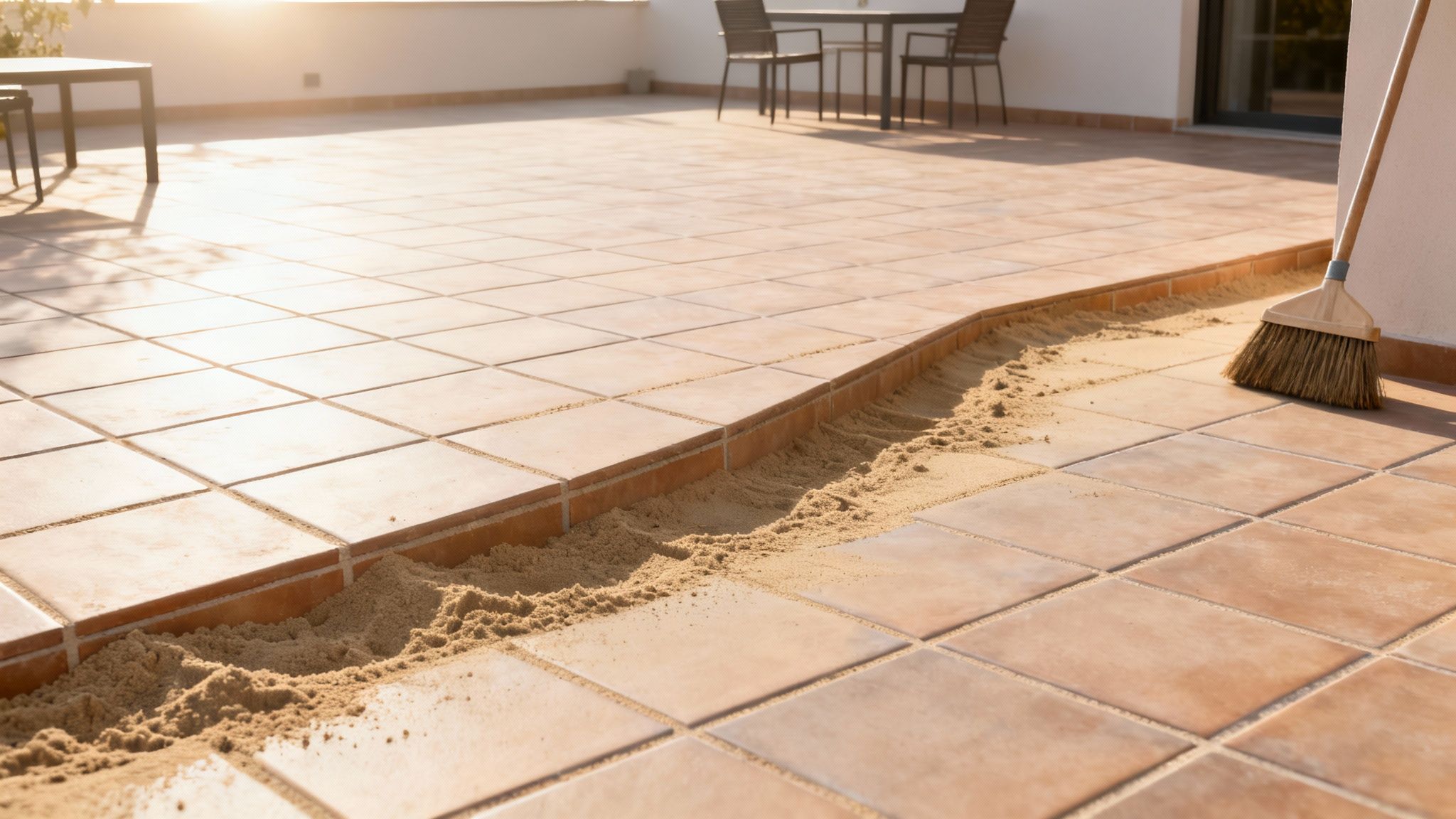 En terrasse med lysebrune fliser, hvor sand fejes ned i fugerne med en kost i solskin.