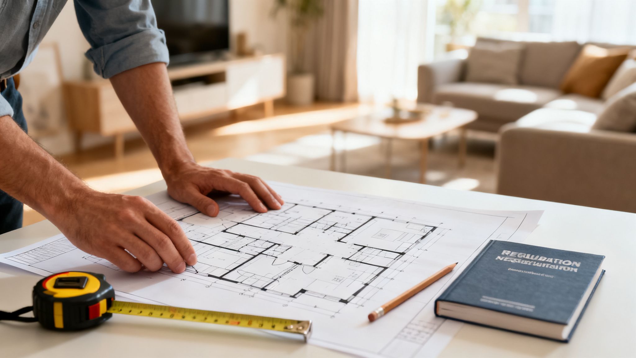 En person gennemgår plantegninger for et hus med et målebånd og en blyant på et bord.