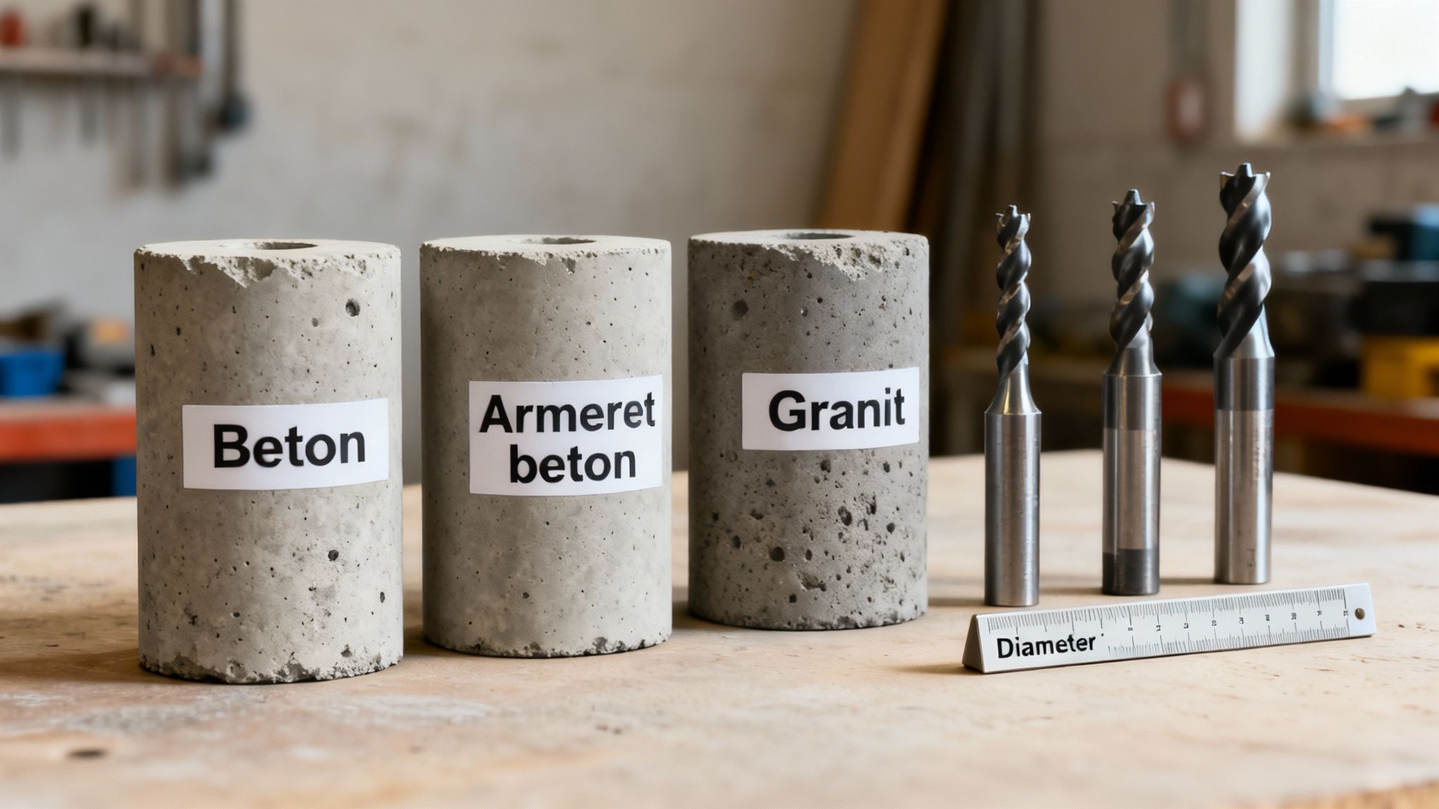 Billede af tre boreprøver (Beton, Armeret beton, Granit) og forskellige borstørrelser med en lineal.