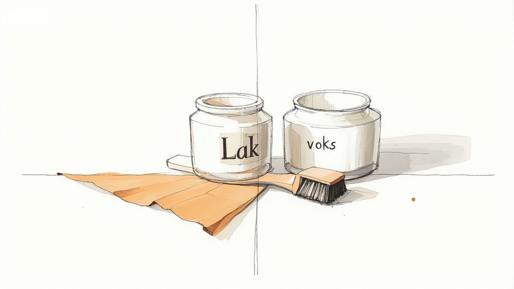 Tegning af to krukker mærket 'Lak' og 'voks' sammen med en børste til træbehandling.