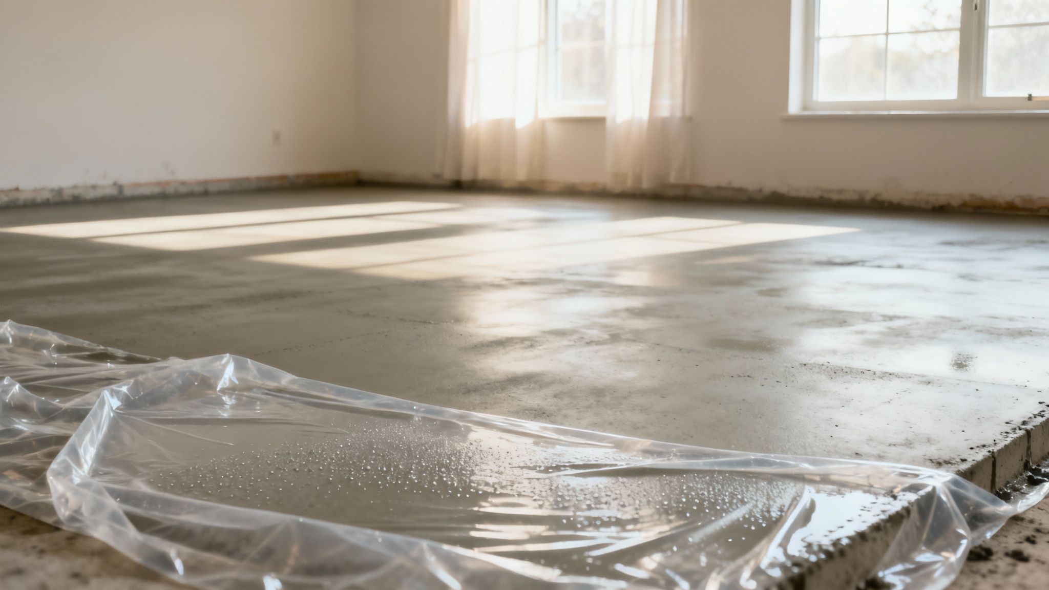 Nylagt betongulv med plastbeskyttelse i tomt rum under tørring med sollys gennem vinduer