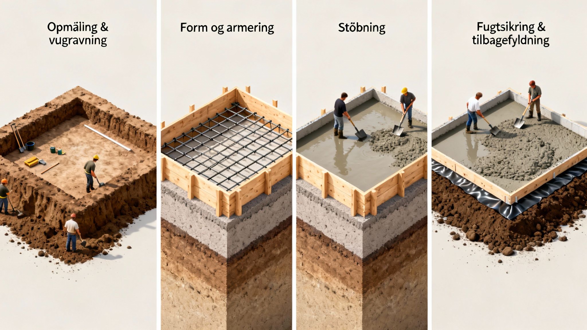 Detaljeret illustration af fire trin i konstruktionen af et husfundament: udgravning, forskalling, støbning og fugtsikring.