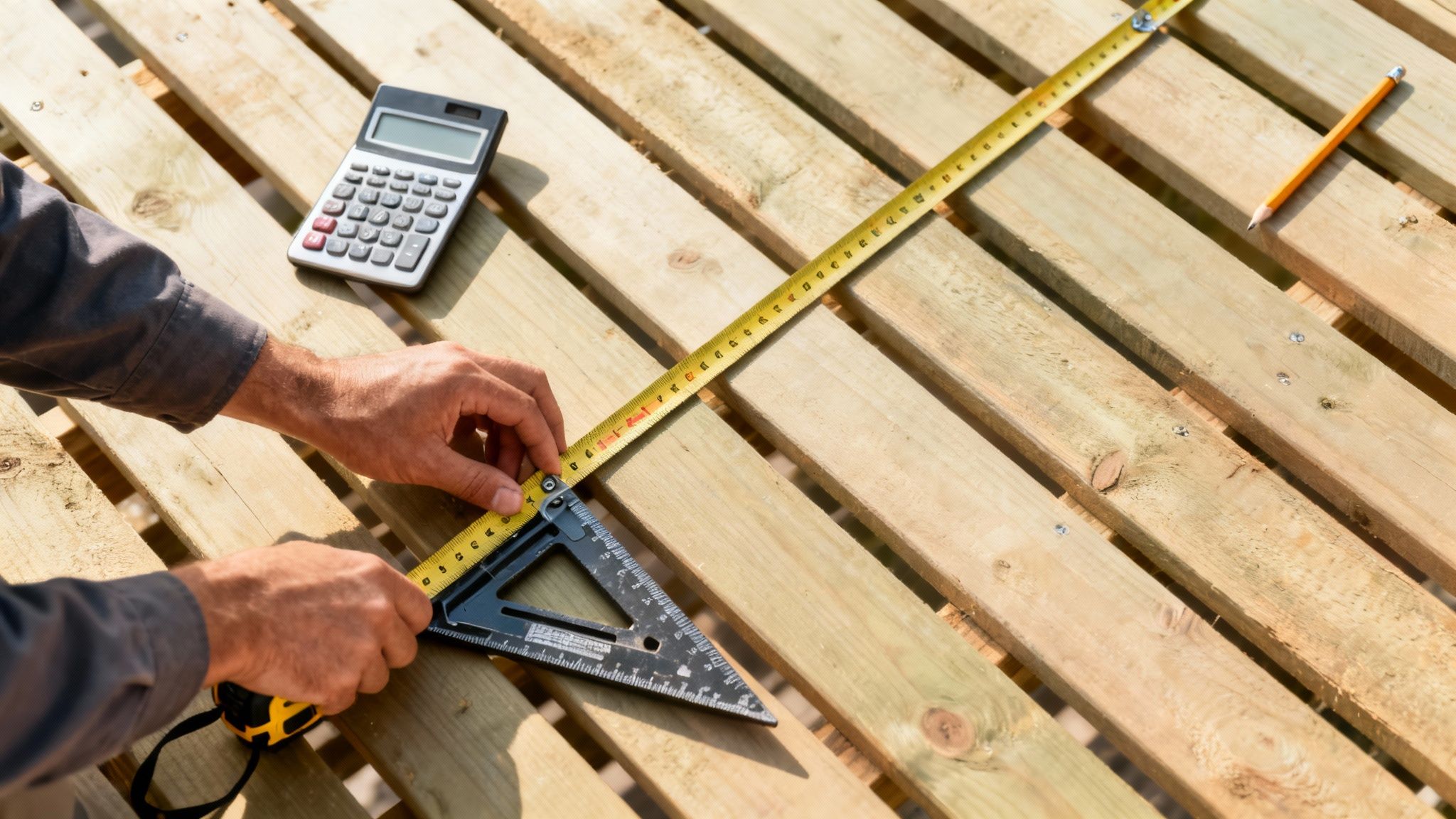 En person måler træ på en palle med målebånd og vinkelmåler, med lommeregner og blyant i nærheden.