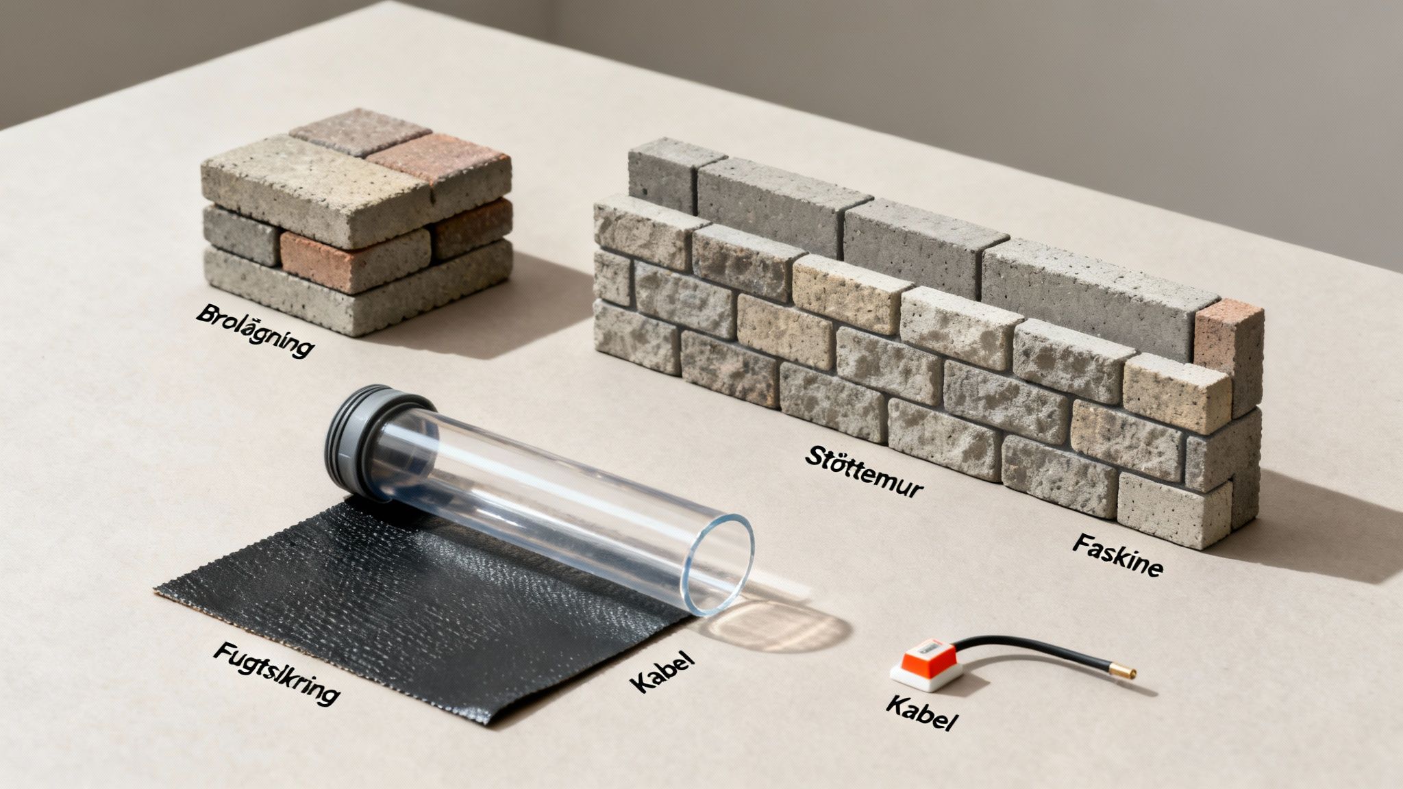 Forskellige byggematerialer og værktøjer som brosten, støttemur, fugtsikring og kabler vist på et bord.