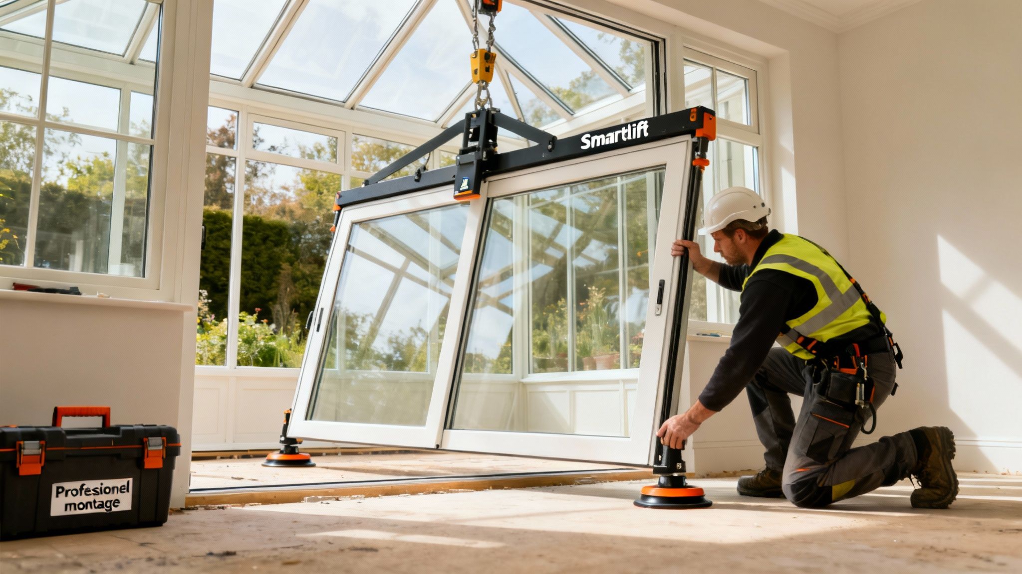 En mand installerer store glasskydedøre i en udestue ved hjælp af en Smartlift-maskine.