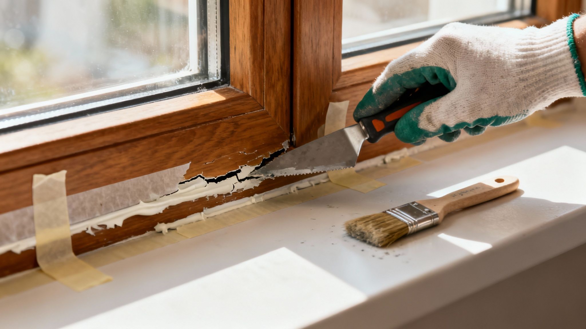 En person fjerner omhyggeligt gammel fugemasse fra en vinduesramme.
