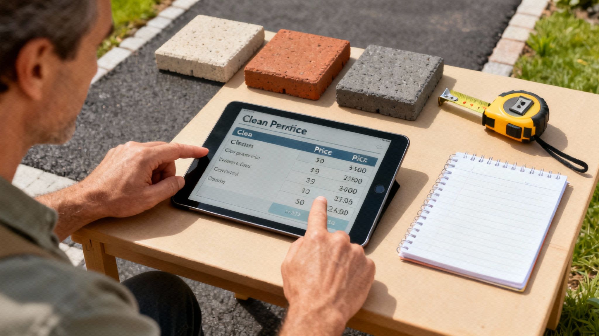 En nyindlagt indkørsel med kantsten og grå fliser.