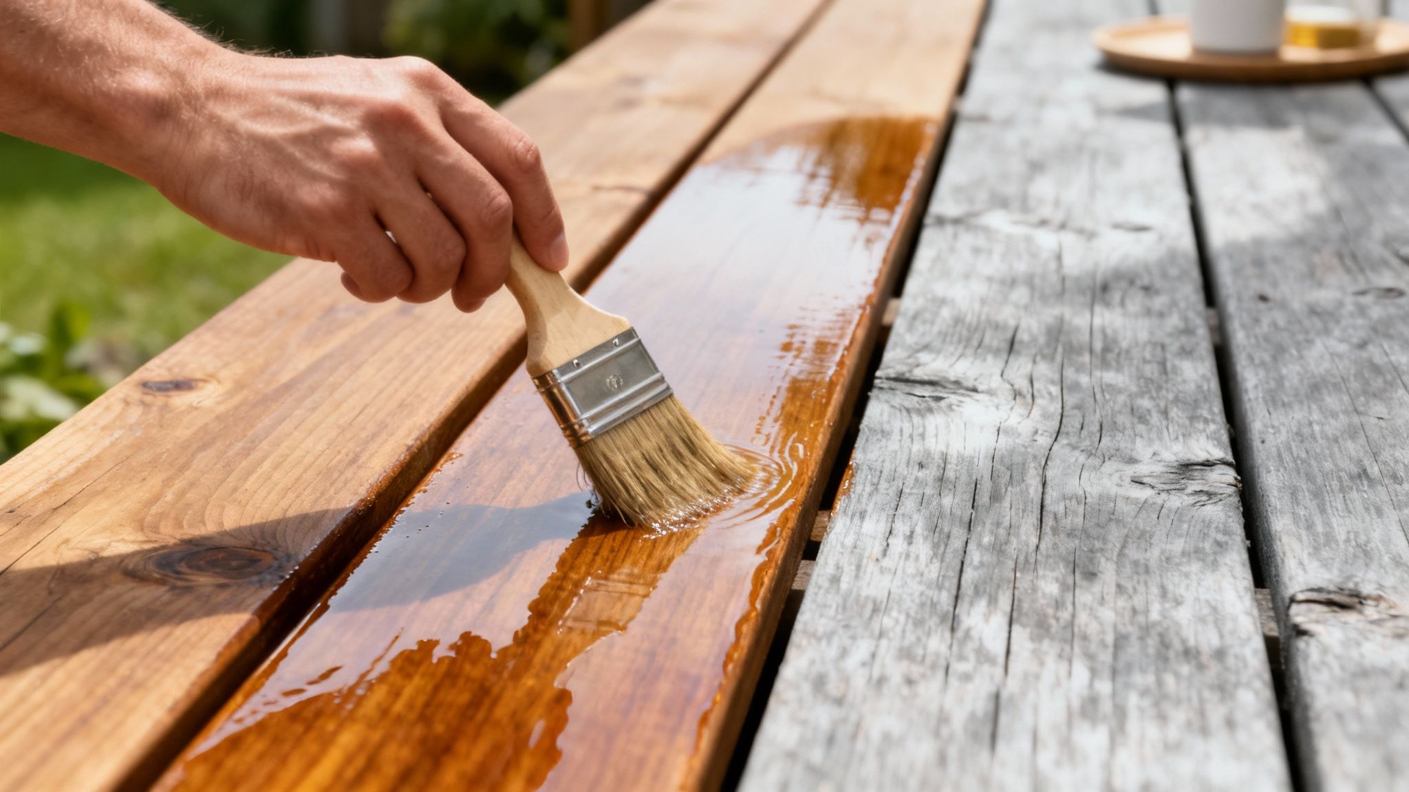 En hånd påfører træolie med en pensel på træbrædder til udendørs brug. Halvdelen af brædderne er behandlet og skinnende.