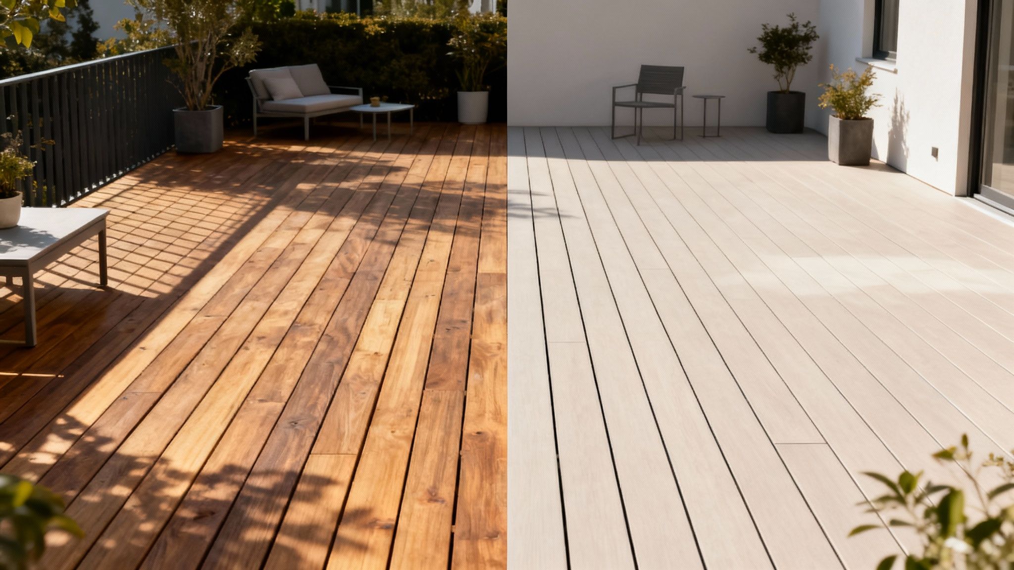 En smuk træterrasse med rillede brædder, der komplementerer husets arkitektur.