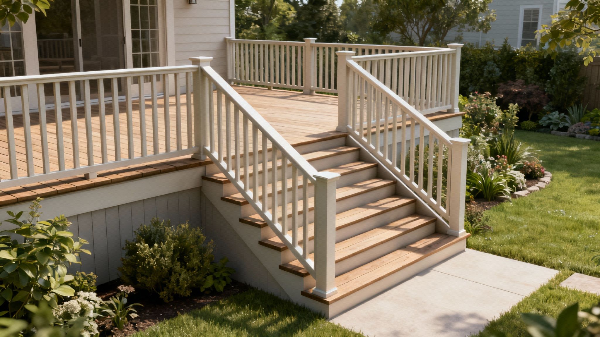 Et flot rækværk og en integreret trappe på en nybygget træterrasse.