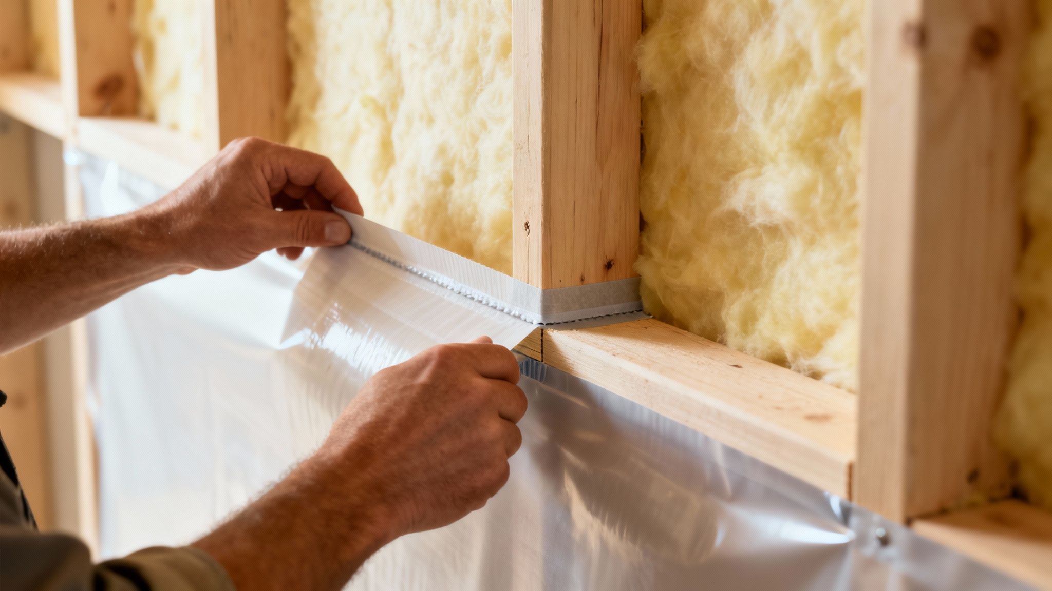 En håndværker er omhyggelig med at tætne samlingerne på isoleringsplader med specialtape.