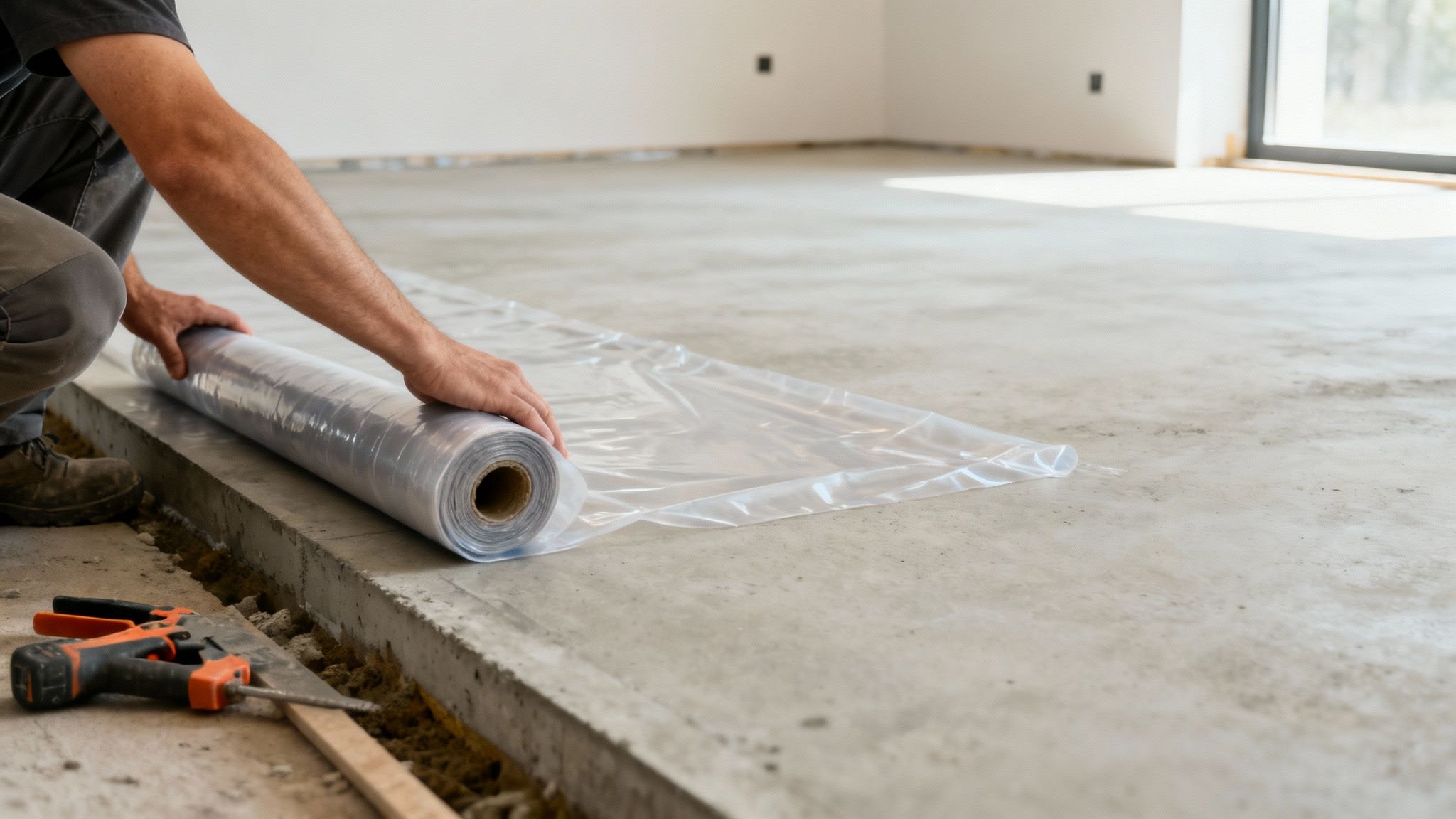 En person ruller en dampspærre ud på et betongulv under byggearbejde for isolering.