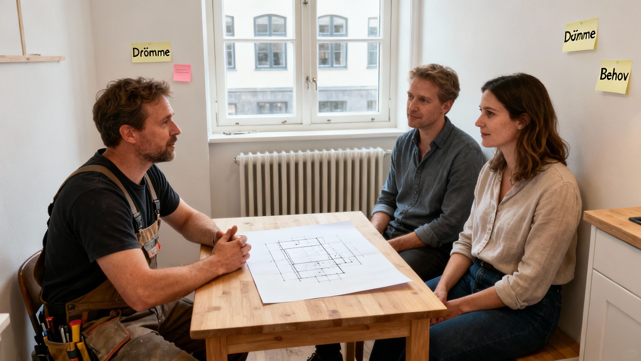 En håndværker drøfter byggeplaner med et par ved et bord, med 'Drømme' og 'Behov' på væggen.