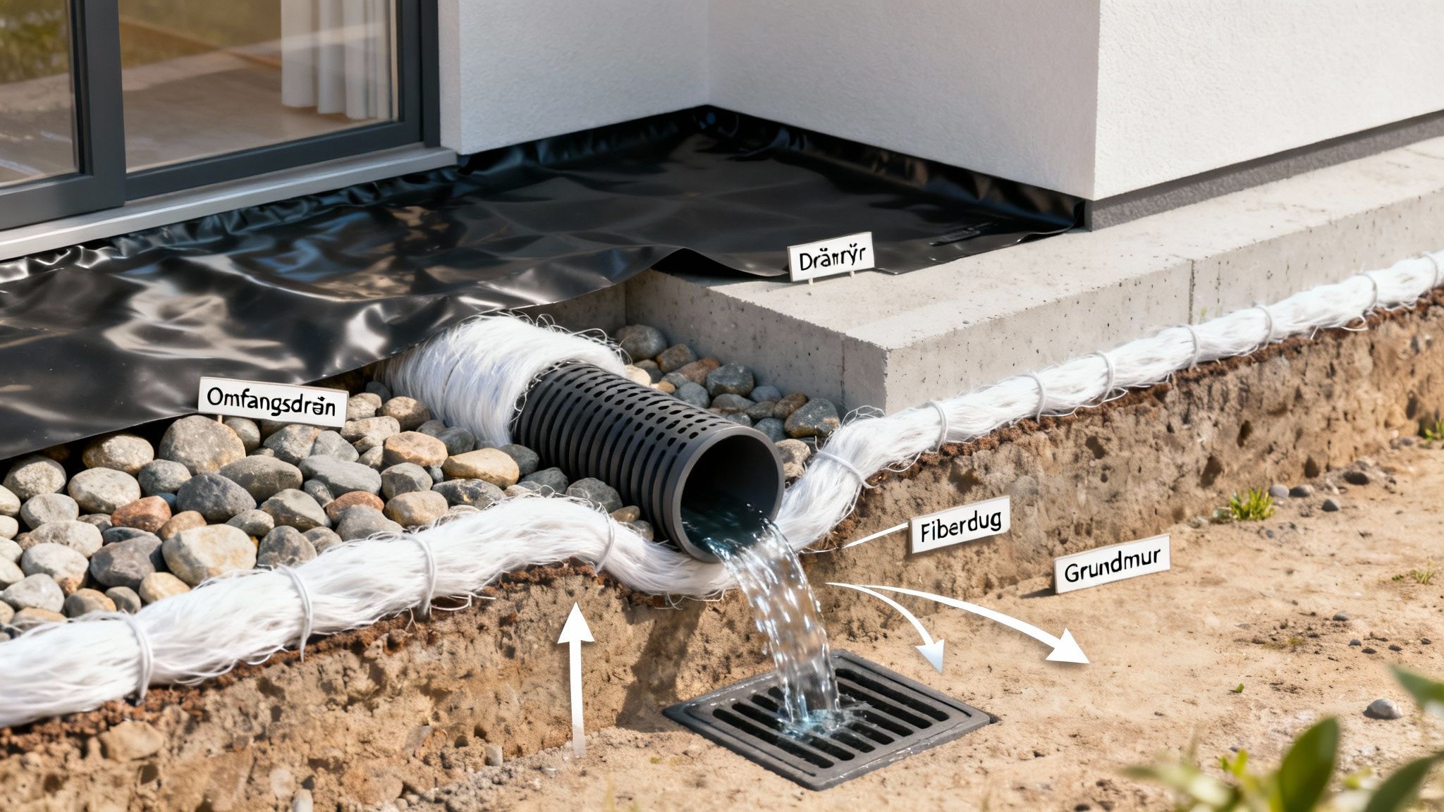 Et tværsnit af et hus' fundament med et omfangsdræn, drænrør, fiberdug og vand, der drænes væk fra soklen.