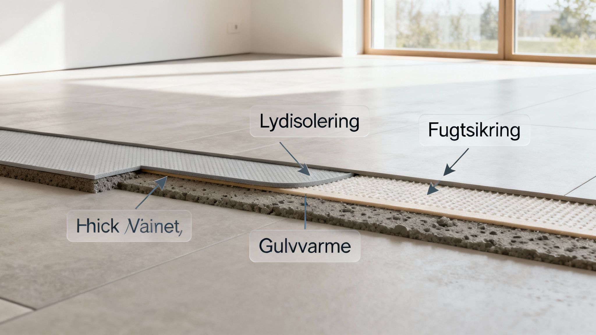 Snitbillede af gulvkonstruktion, der viser fliser, lydisolering, fugtsikring, gulvvarme og underlag.