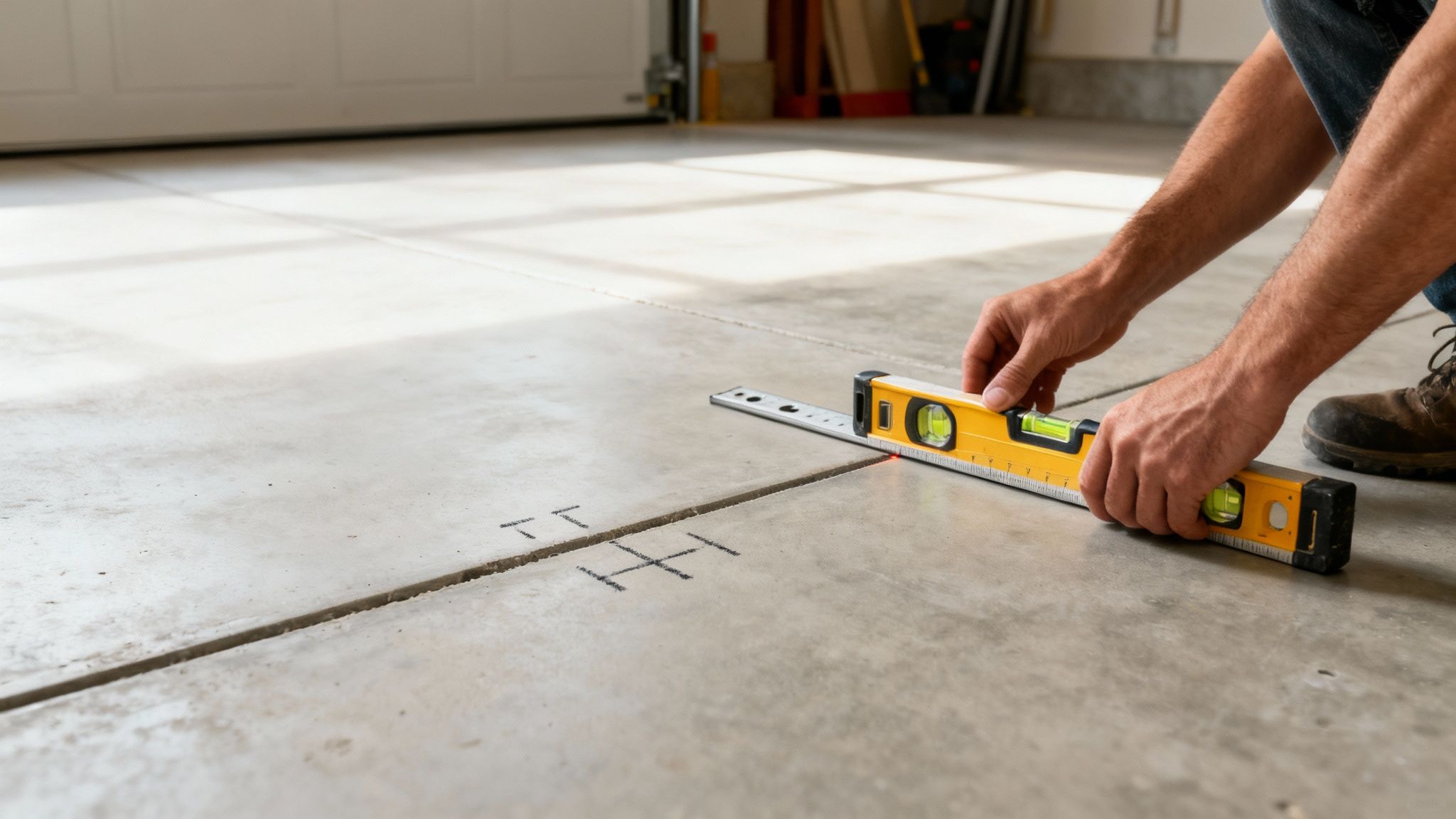 Håndværker bruger vaterpas til at kontrollere niveauet på betongulv under opretning og renovering