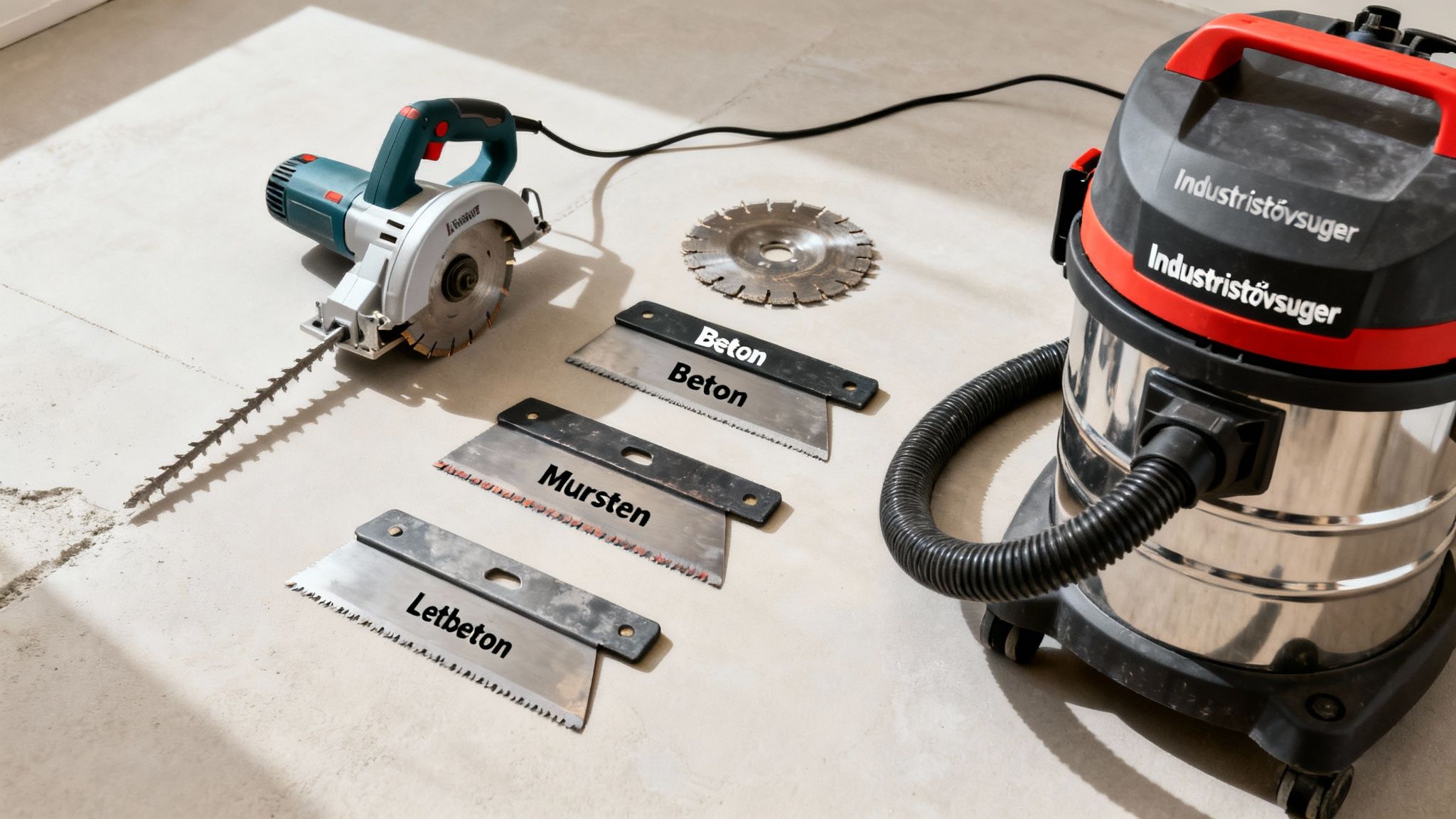 Vægfræser, spartler til beton og mursten samt industristøvsuger på et betongulv.