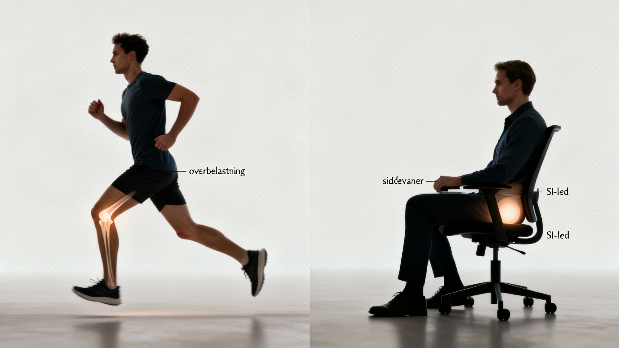 Et billede der illustrerer knæoverbelastning ved løb og SI-ledsproblemer fra dårlige siddevaner.