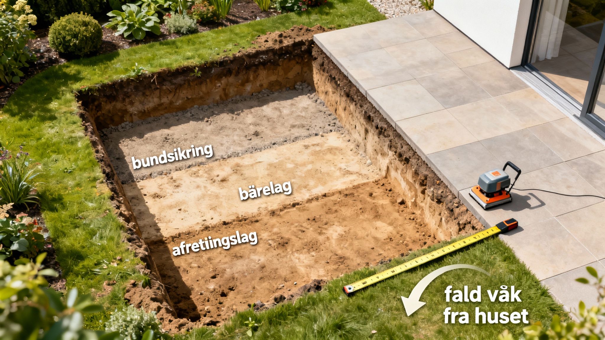 Illustration af forberedelse til en terrasse eller sti med udgravning, bundsikring, bærelag og afretningslag, samt en pladevibrator og fald væk fra huset.