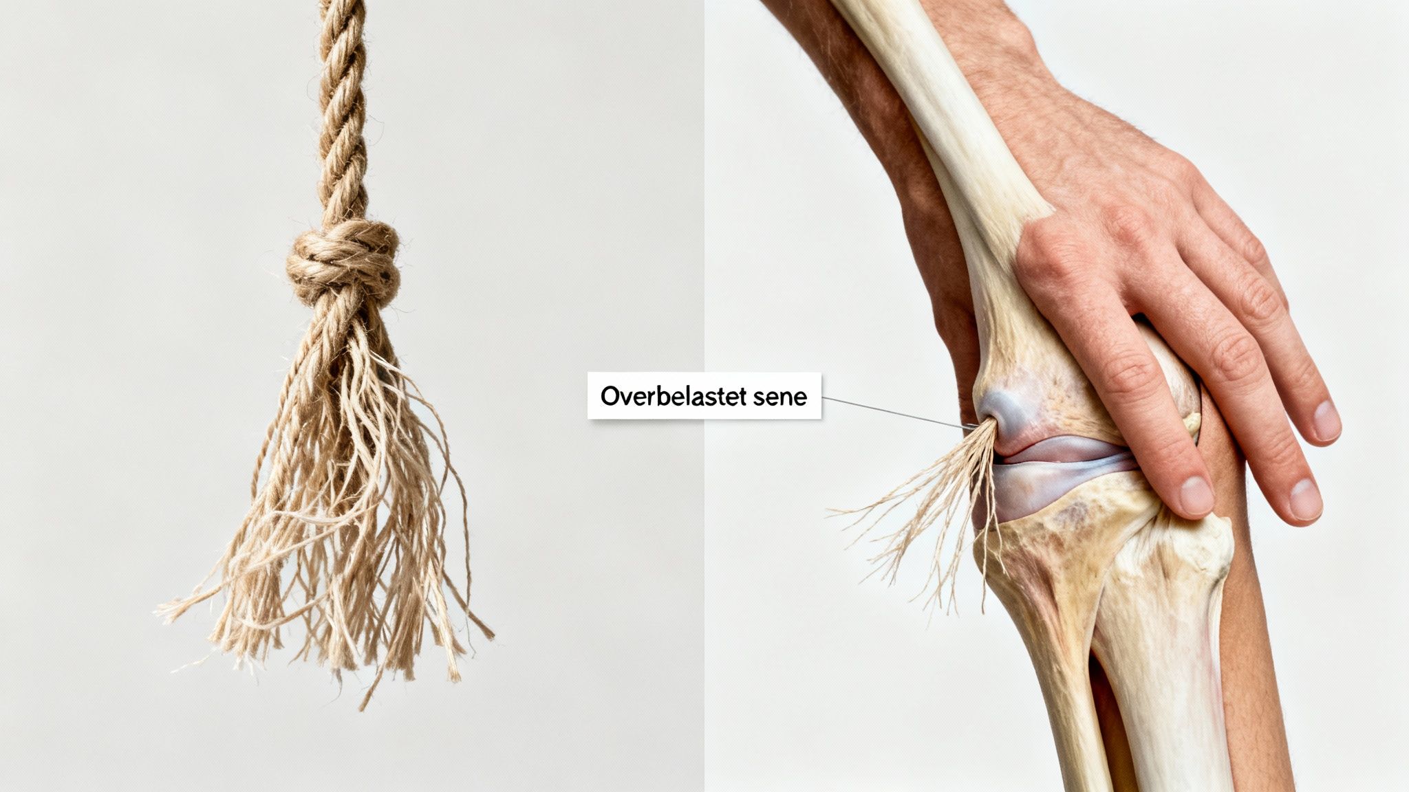Billedet viser en slidt rebknude og en illustration af en overbelastet sene i et knæ, symboliserende skade.