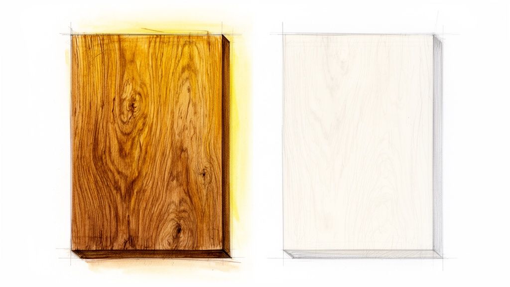 Detaljerede skitser af to træplader: en i mørkt, behandlet træ og en i lyst, ubehandlet træ.