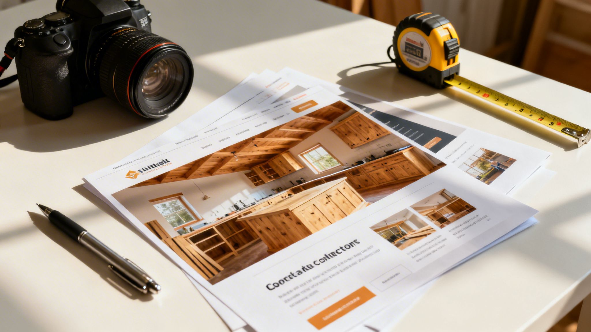 Et kamera, pen, målebånd og udprintede hjemmesidedesigns for byggeentreprenører, med billeder af et trækøkken.