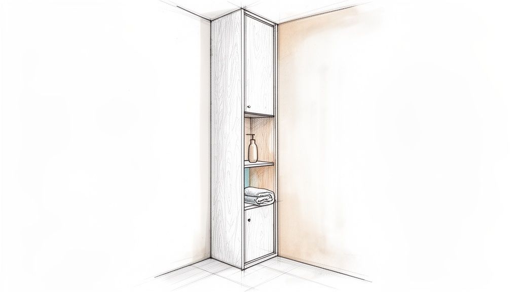 En skitse af et smalt, højt badeværelsesskab med åbne hylder, sæbedispenser og et håndklæde.