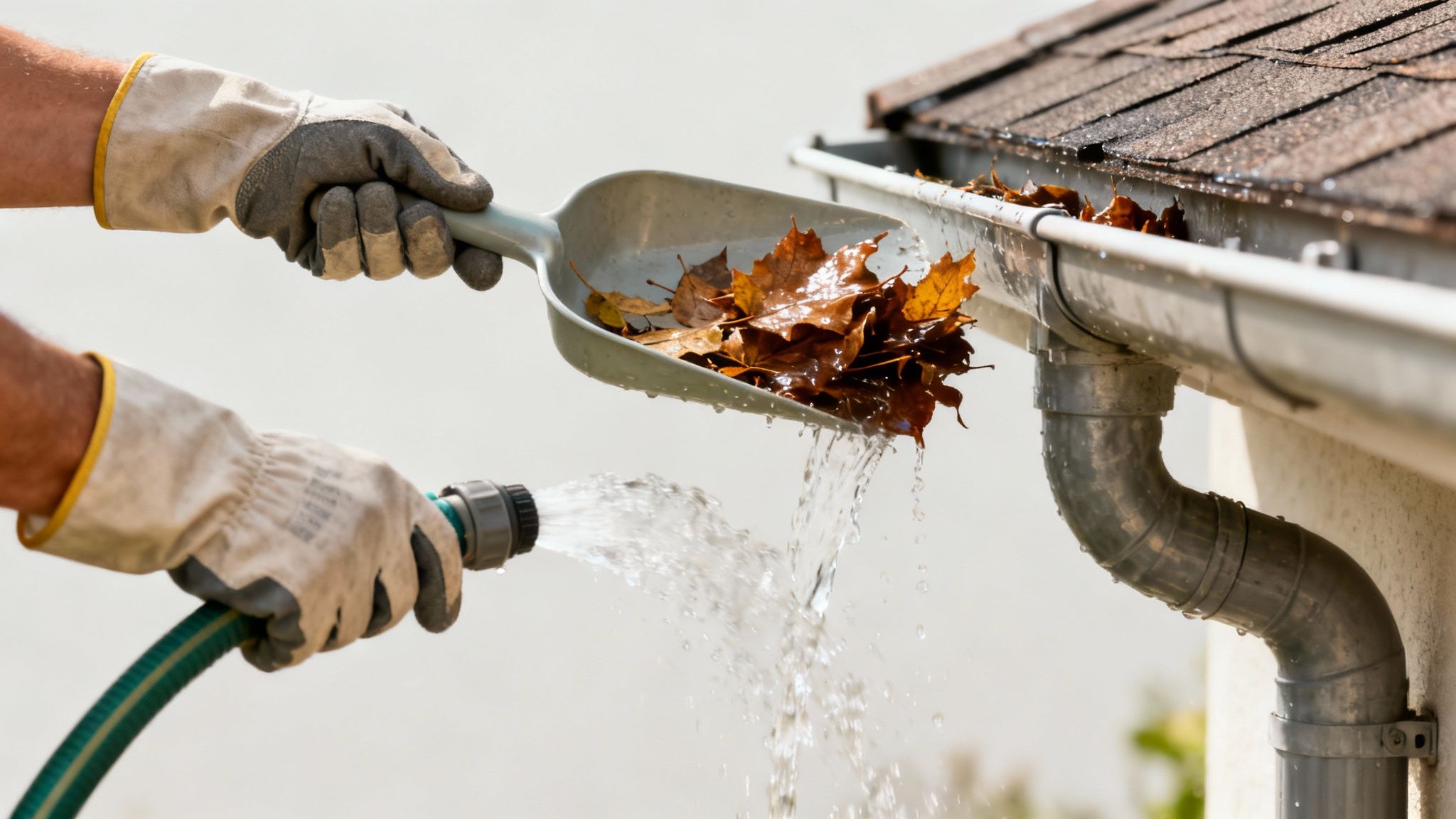 Hænder i handsker renser en tagrende for våde blade med en skovl og en vandslange.