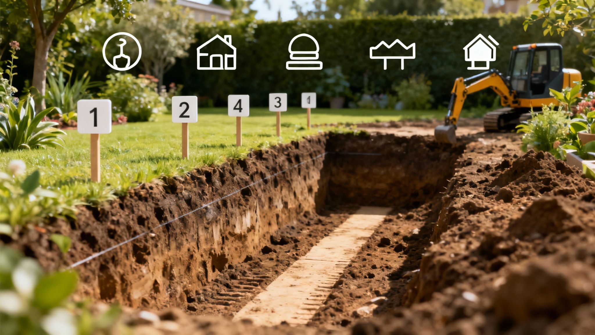 En minigraver i en have i gang med at grave render til nye kloakrør