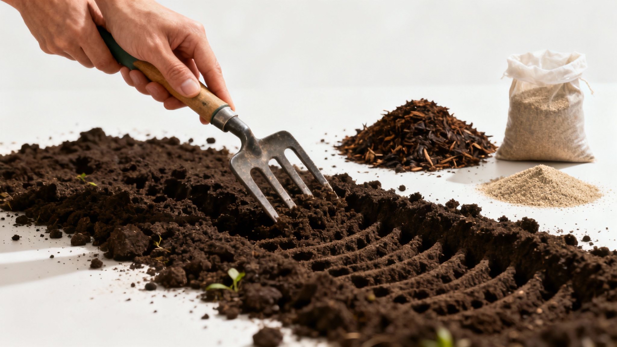 En havefræser bearbejder jorden grundigt for at forberede til en ny græsplæne.