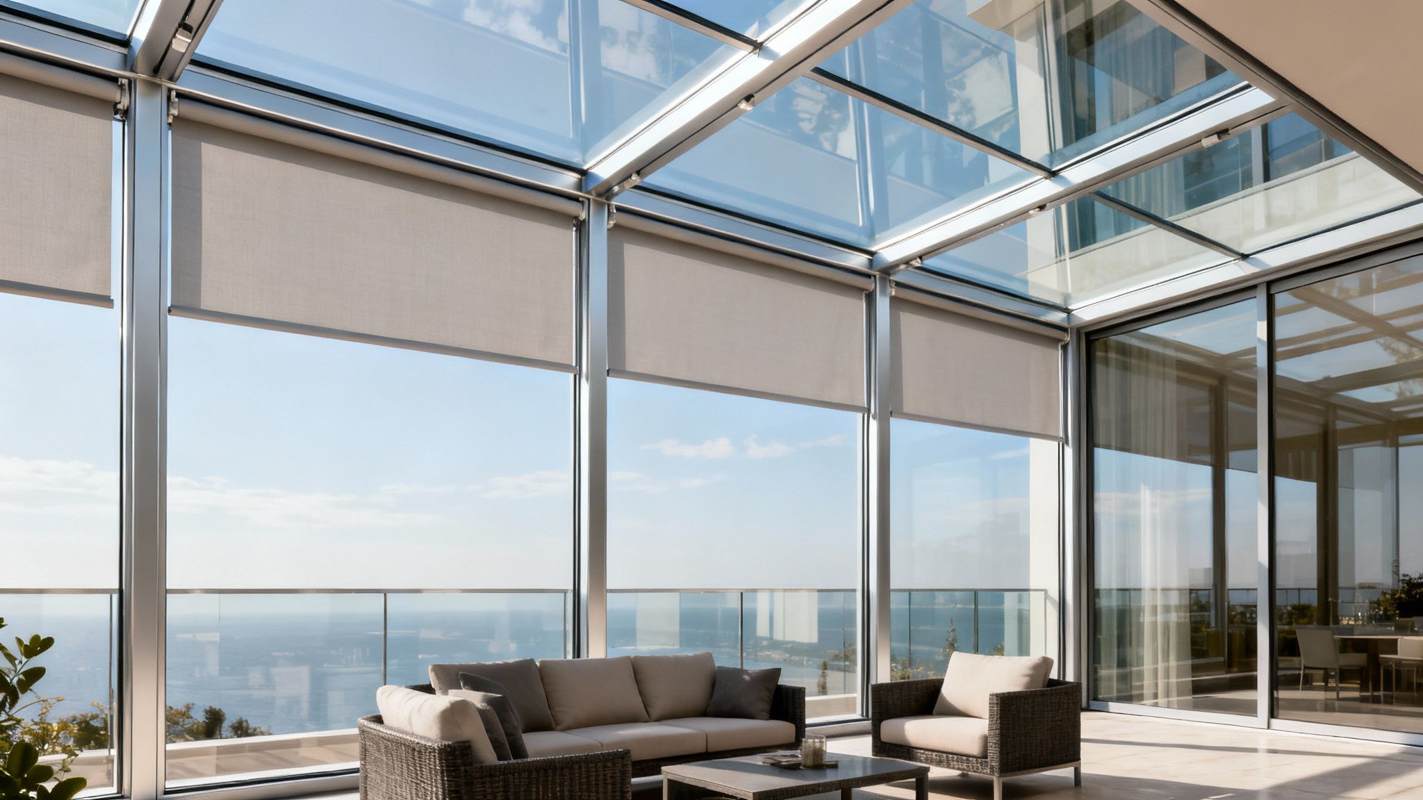 Moderne overdækket terrasse med glasloft og mørklægningsgardiner, komfortable møbler og havudsigt.