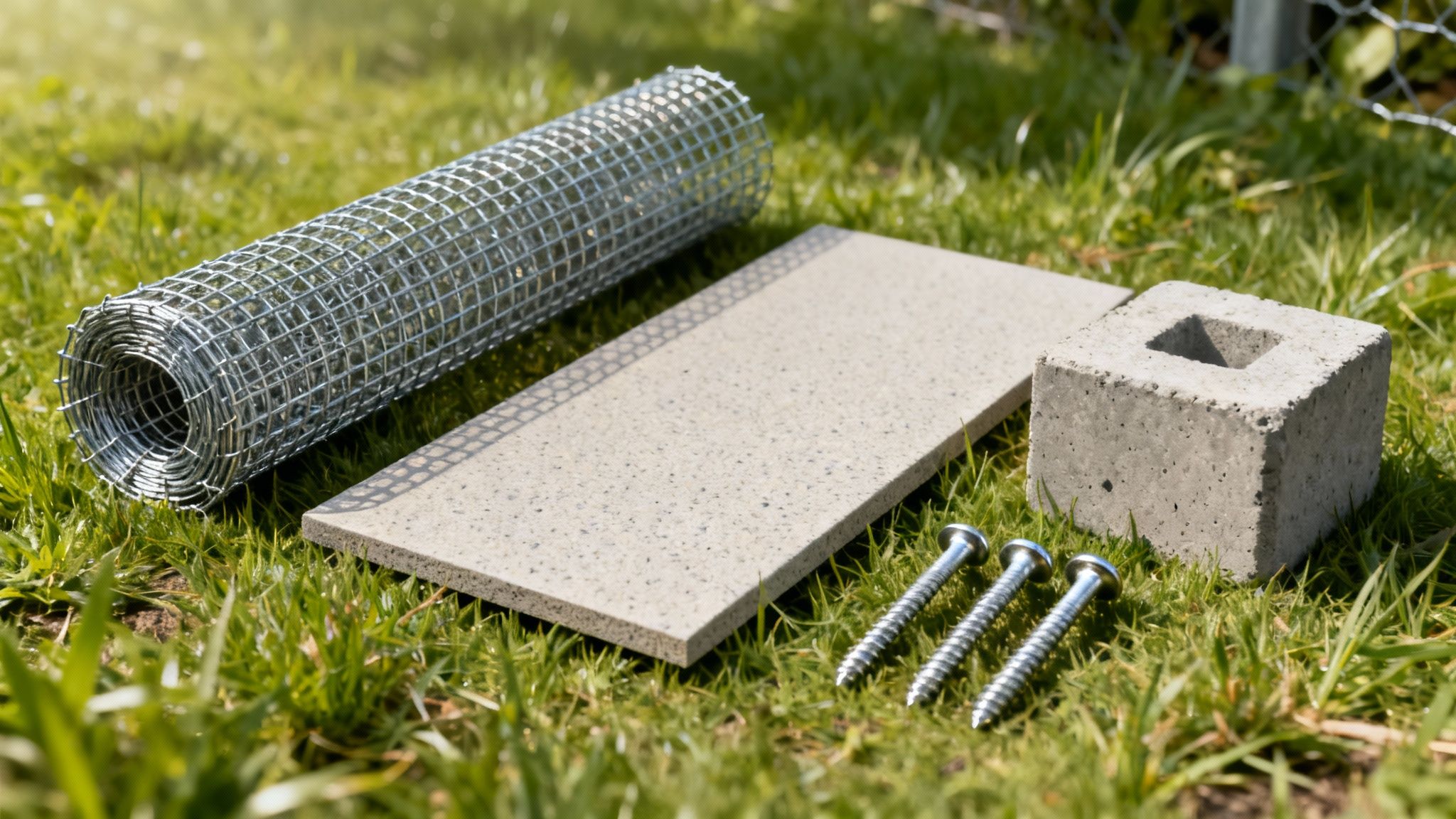 En person installerer et metalnet langs kanten af en træterrasse.