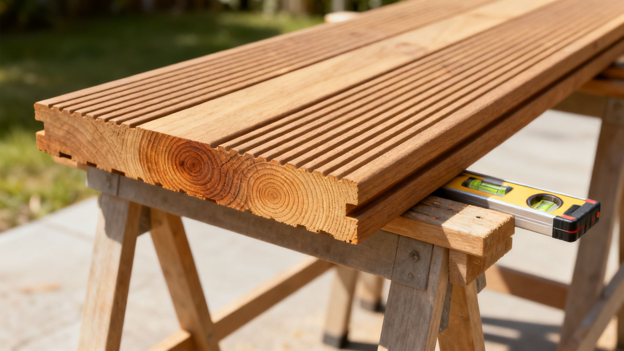 Nye terrassebrædder i træ, klar til montering, ligger på savbukke med et vaterpas.