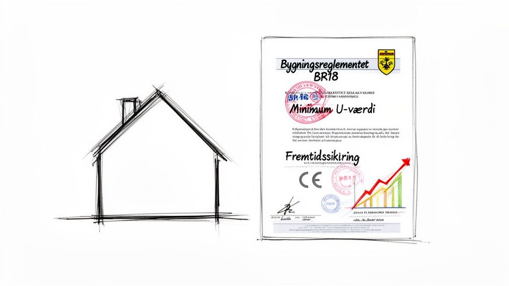 En skitse af et hus ved siden af et dokument om Bygningsreglementet BR18 og U-værdi.