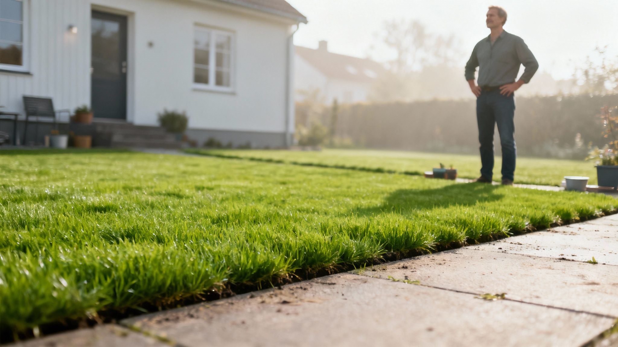En stolt mand står i sin have, hvor en frisk græsplæne netop er blevet rullet ud.