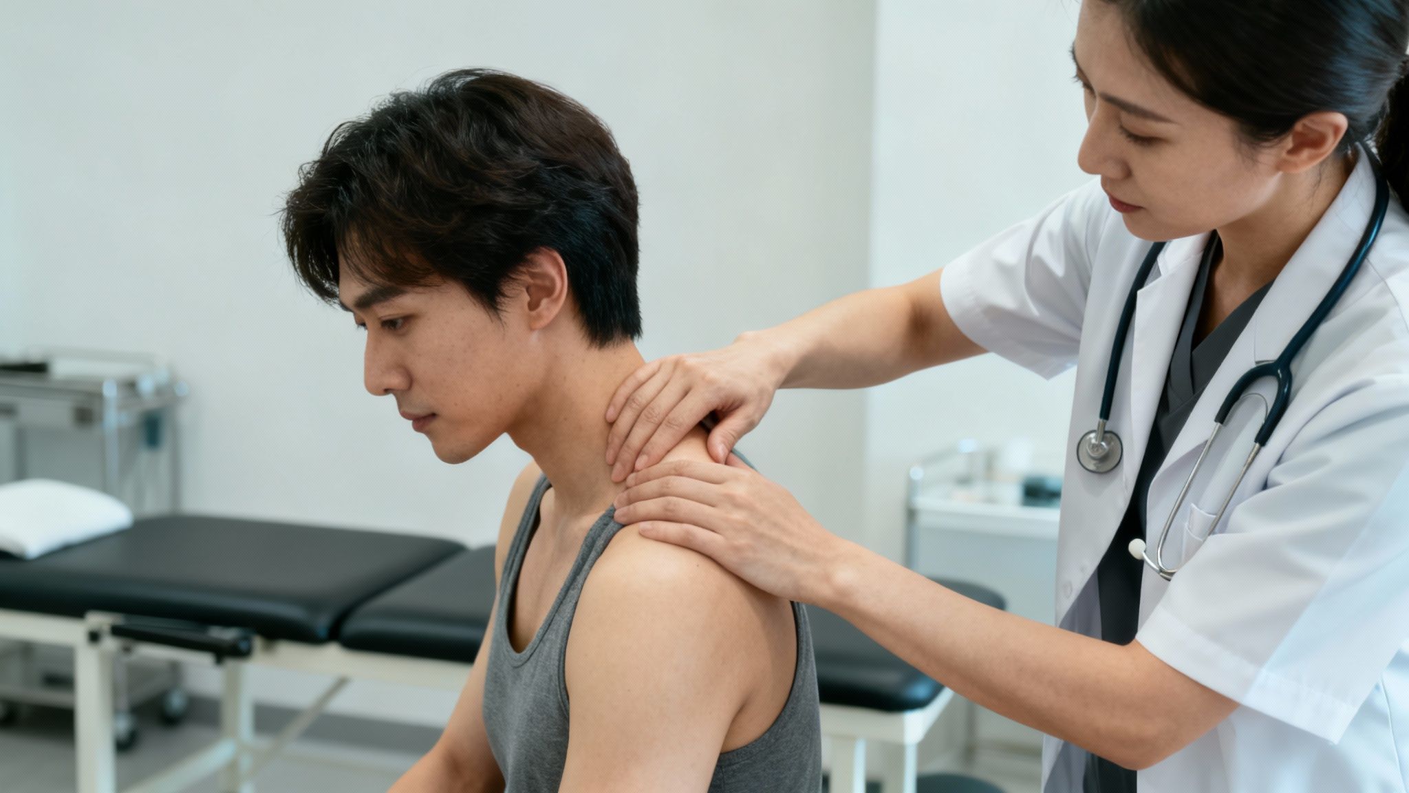 En kvindelig behandler masserer en mands nakke og skuldre i et klinikmiljø.