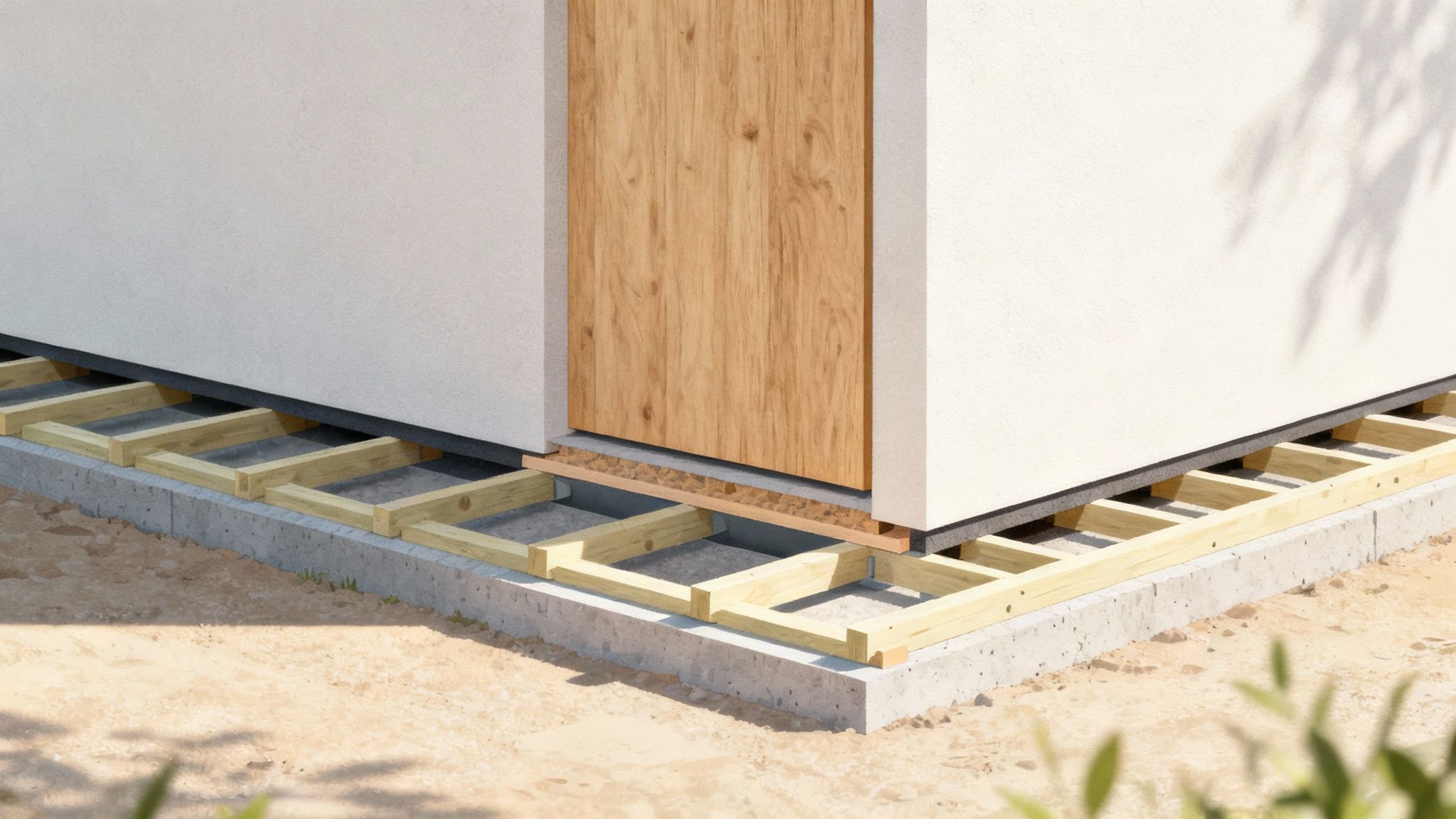 En tømrer, der forbereder et underlag af trælægter til montering af plader.