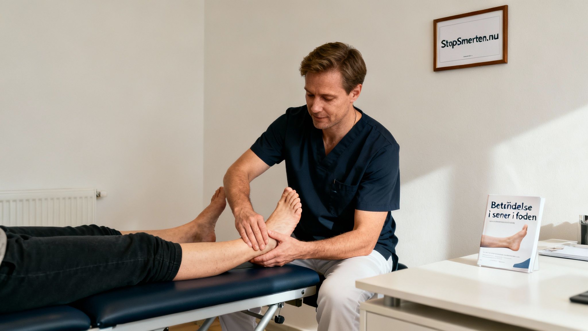 En fysioterapeut behandler en patients fod og ankel på en briks. På væggen hænger et skilt med StopSmerten.nu.