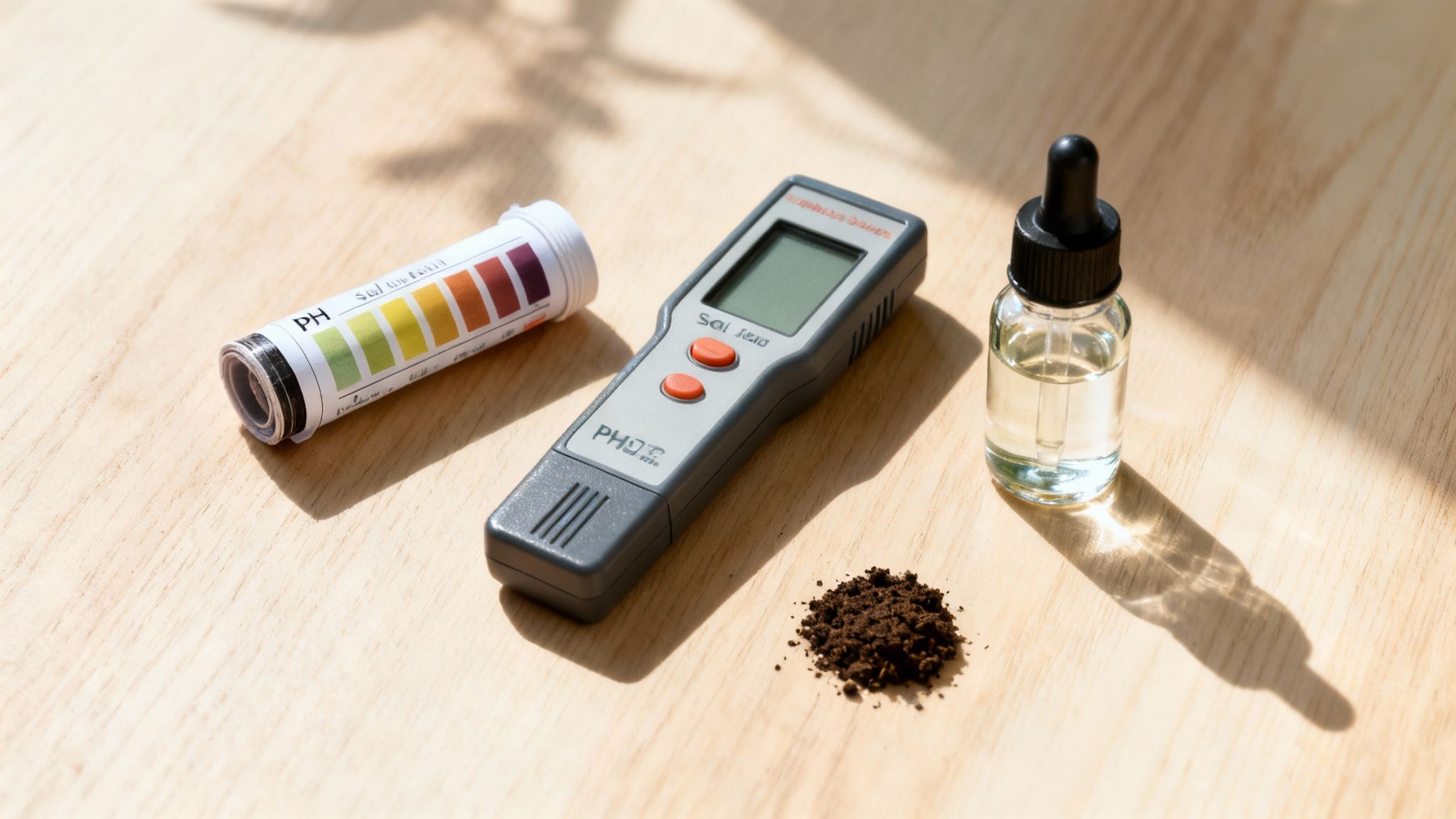 Udstyr til måling af pH i jord, herunder pH-strimler, en digital måler, en flaske og en bunke jord.