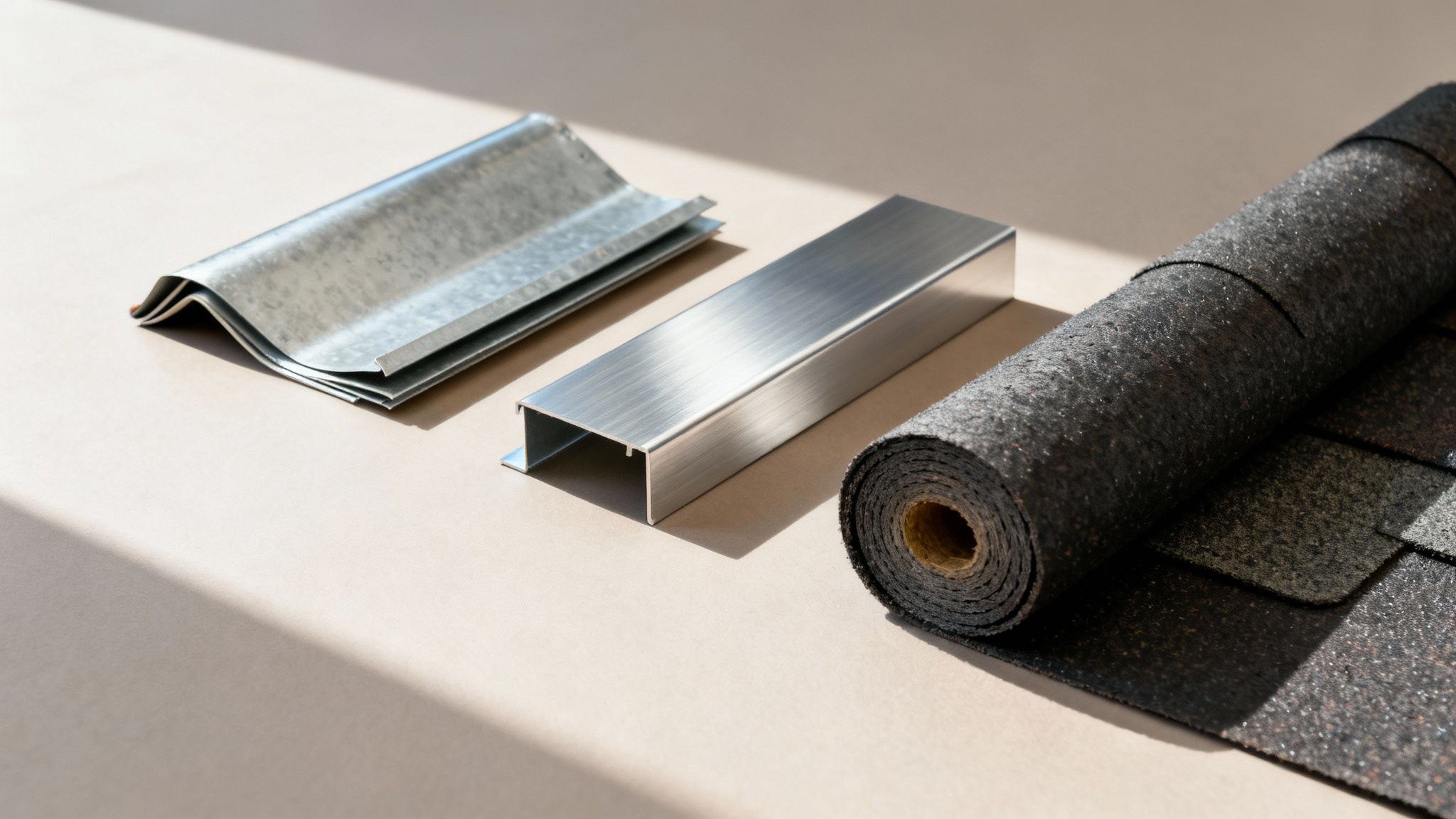 Forskellige tagdækningsmaterialer, herunder metalprofiler og en rulle tagpap, ligger på en lys overflade.