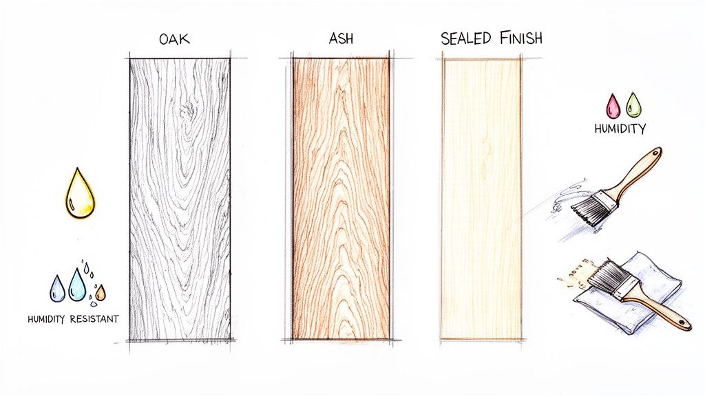 Illustration af forskellige træsorter (eg, ask) og en forseglet finish, der viser deres modstandsdygtighed over for fugt.