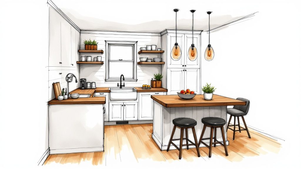Tegning af et lyst landkøkken med hvide skabe, træbordplader, en ø og barstole.