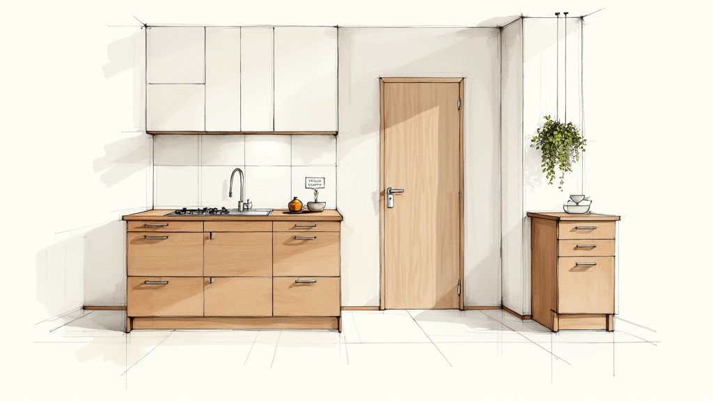 Tegning af et moderne køkken i træ og hvidt, med vask, komfur, skabe og en dør samt en hængende plante.