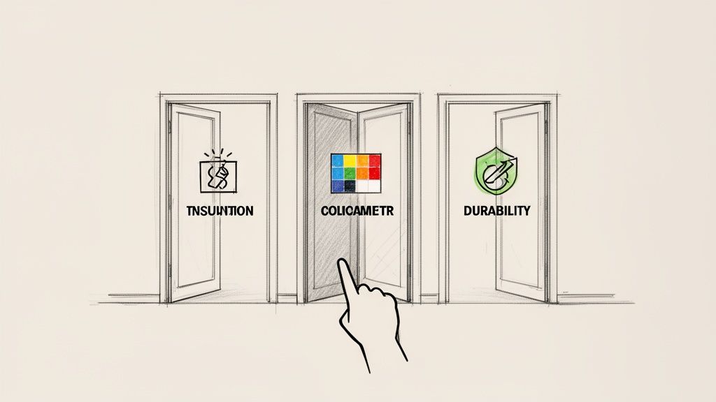 Illustration af tre døre med ikoner for isolering, farvevalg og holdbarhed. En hånd peger på farvepaletten i midten.