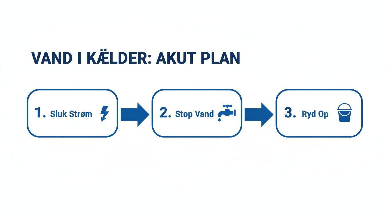 Akut plan for vand i kælderen med 3 trin: sluk strøm, stop vand, og ryd op.