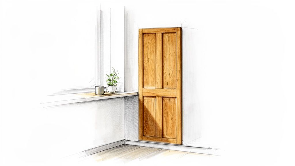 Skitseret rumhjørne med vindueskarm, krus, plante og høj trædør, der illustrerer designmuligheder.