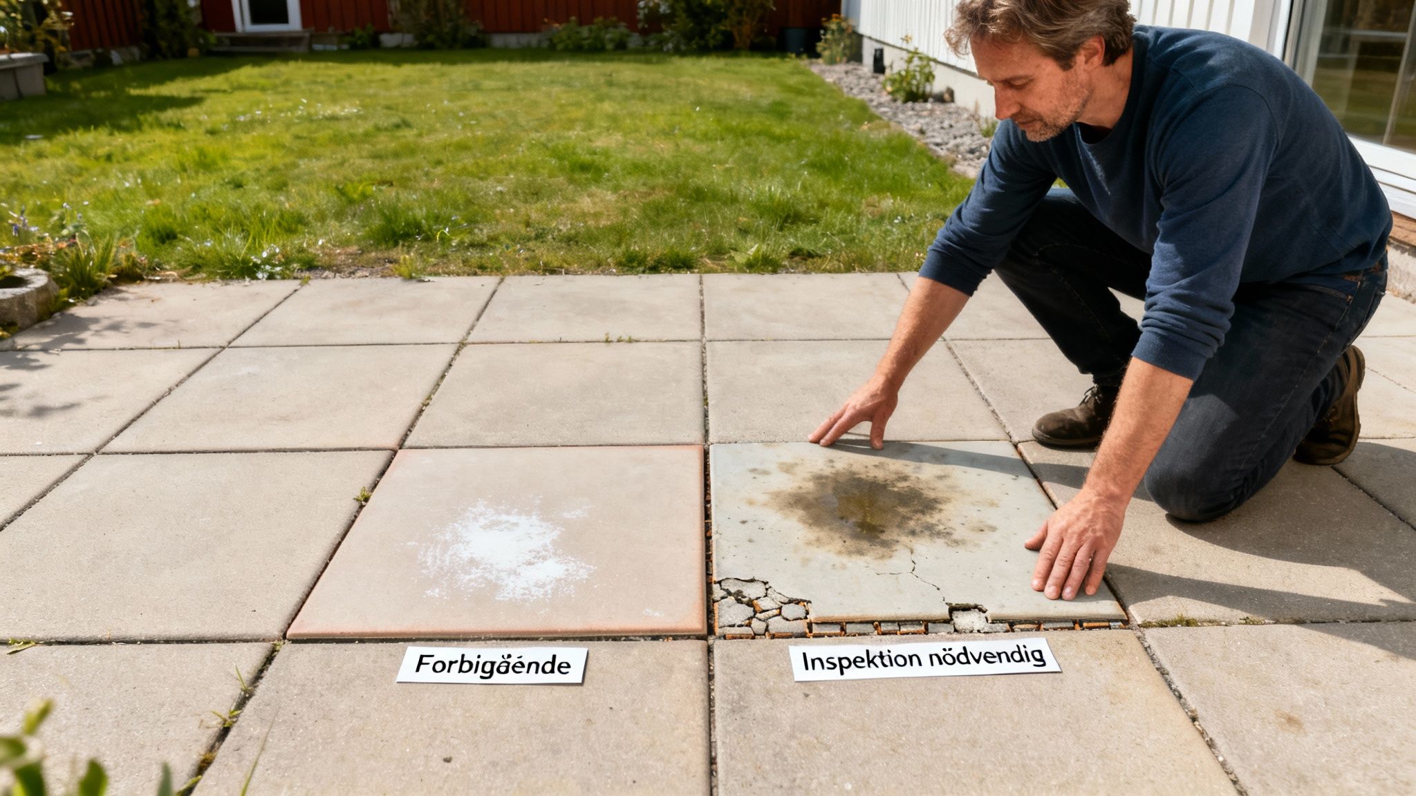 En mand inspicerer to udendørs fliser; den ene har hvidt kalkudslag, den anden er revnet og plettet.