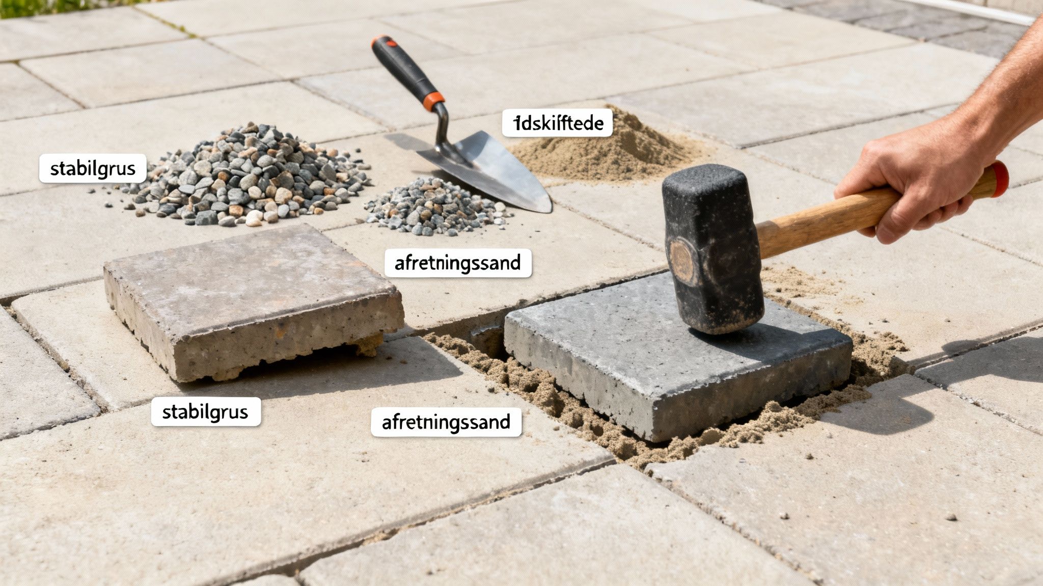 Billedet viser materialer som stabilgrus og afretningssand samt værktøj til anlægning eller reparation af fliser.