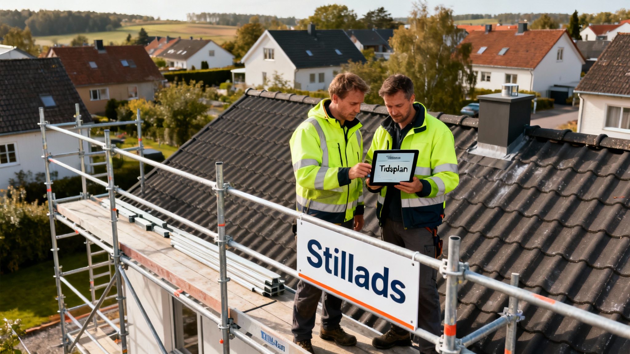 To arbejdere på et stillads kigger på en tablet med en tidsplan for tagarbejde.